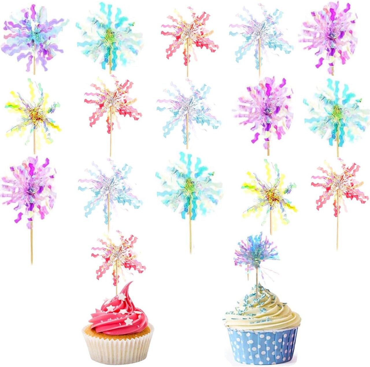 30 Pieces Happy Birthday Cake Toppers Foil Firework Cupcake Toppers Sparkle Tinsel Flower Drink Stirrers for Cake Decoration Party Supplies